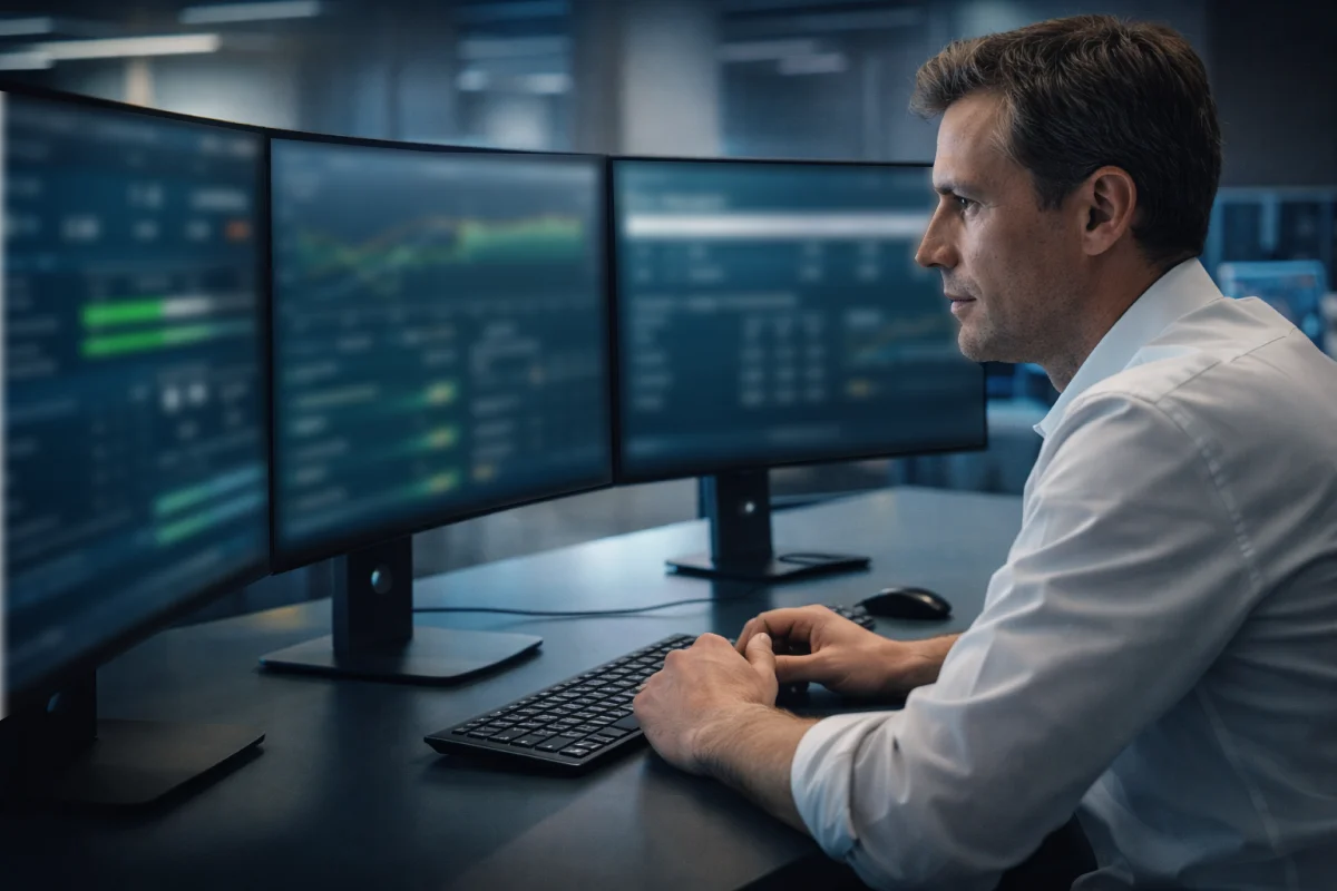 Professional analyst studying football betting odds on multiple screens