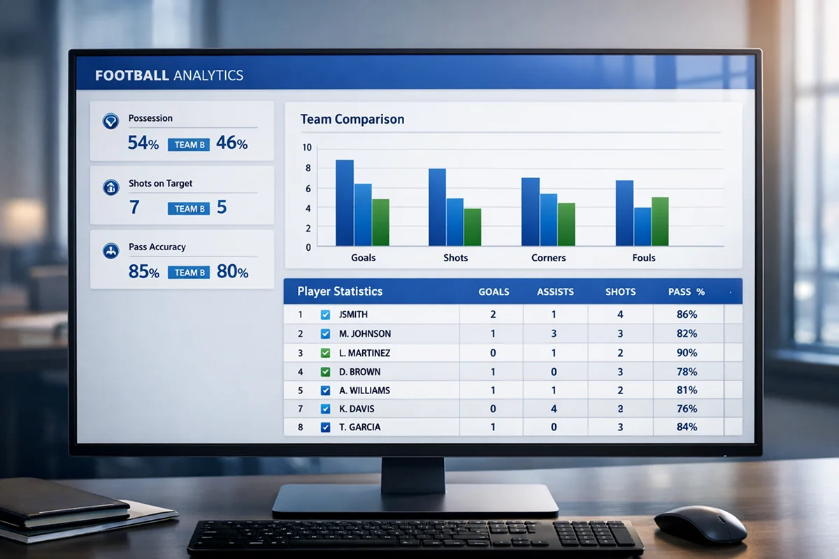 Data analyst reviewing football statistics and team performance metrics