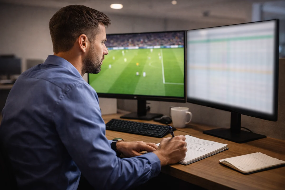 Odds compiler working at a trading desk with live football data