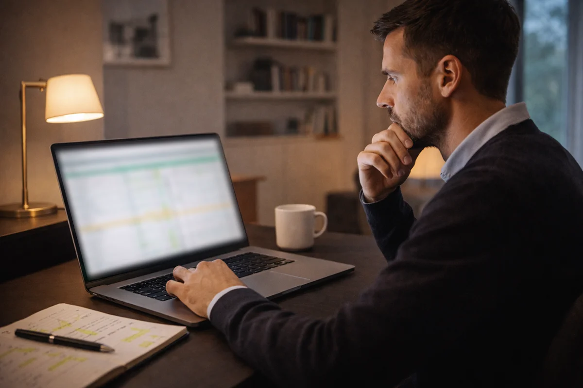 Professional bettor analyzing football match data and statistics on laptop