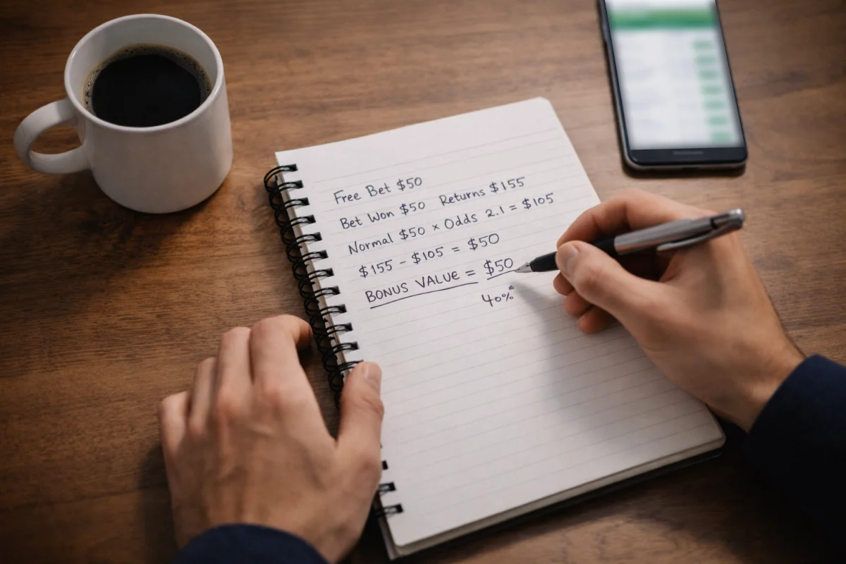 Person working through bonus calculations with pen and notepad