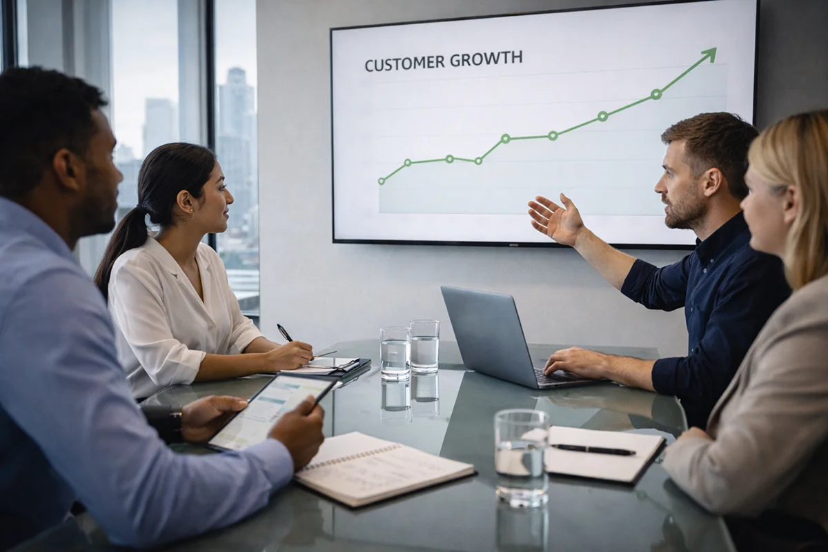 Marketing team discussing customer acquisition strategy in modern office