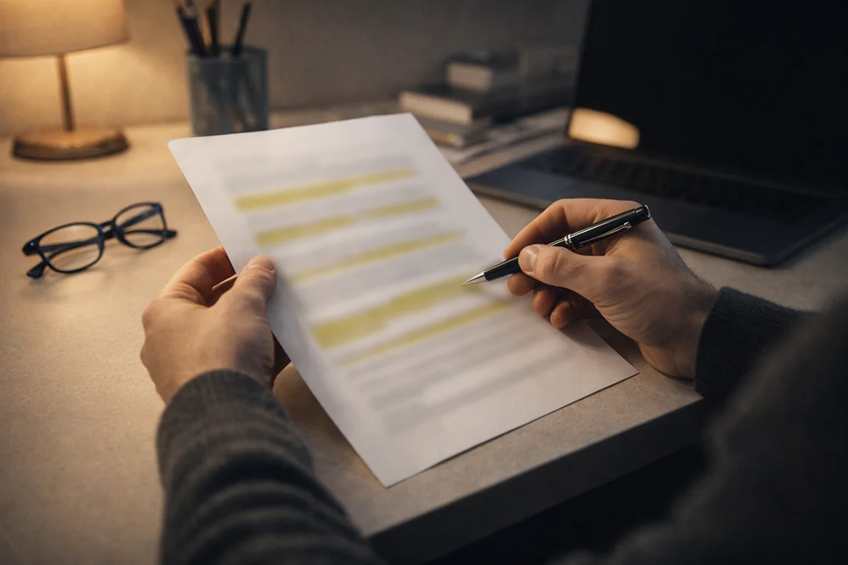 Person reading betting terms and conditions document carefully