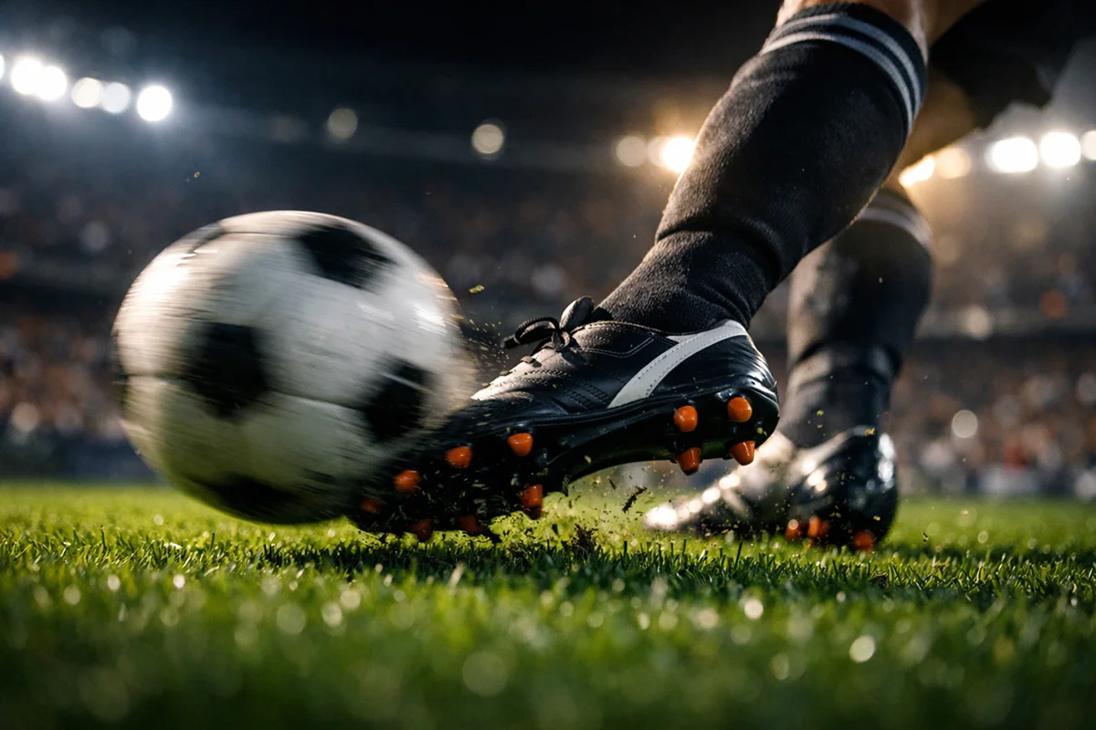 Close-up of football player striking ball on pitch with stadium lights in background