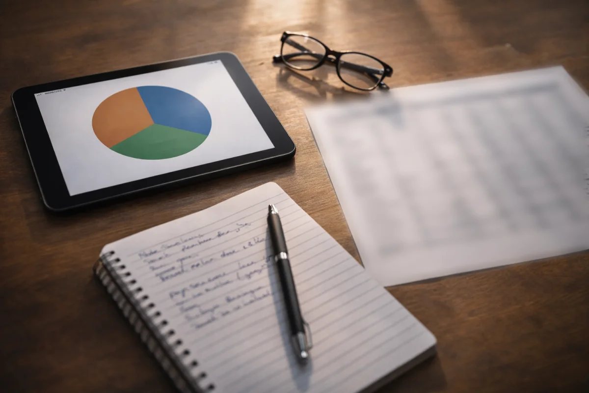 Overhead view of desk with tablet showing pie chart and analytical materials