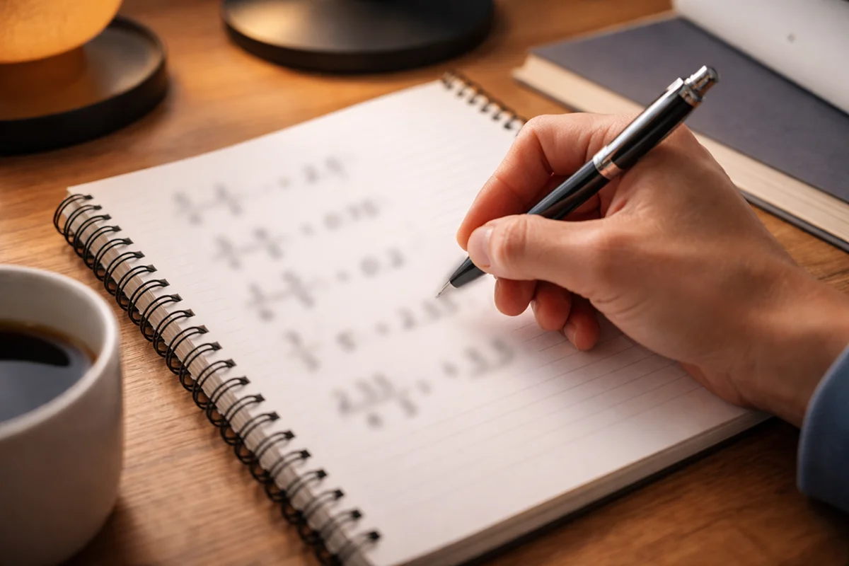Hand writing mathematical odds conversion calculations on notepad