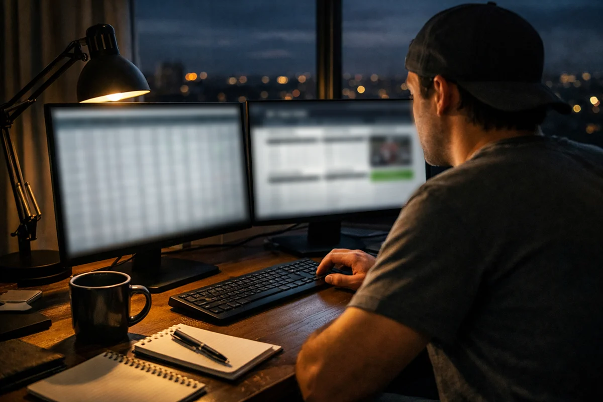 Person working at dual monitor setup with spreadsheet and statistics for betting analysis