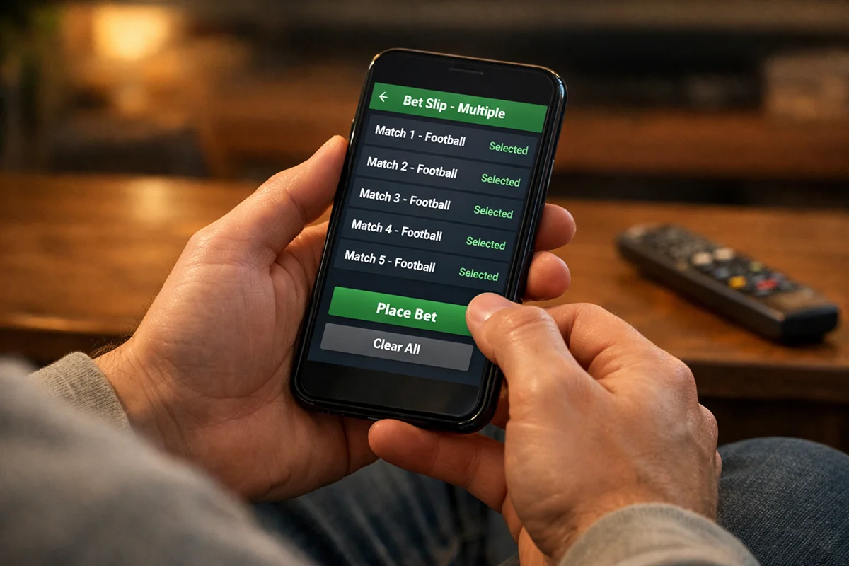 Person holding smartphone with sports betting app showing multiple match selections