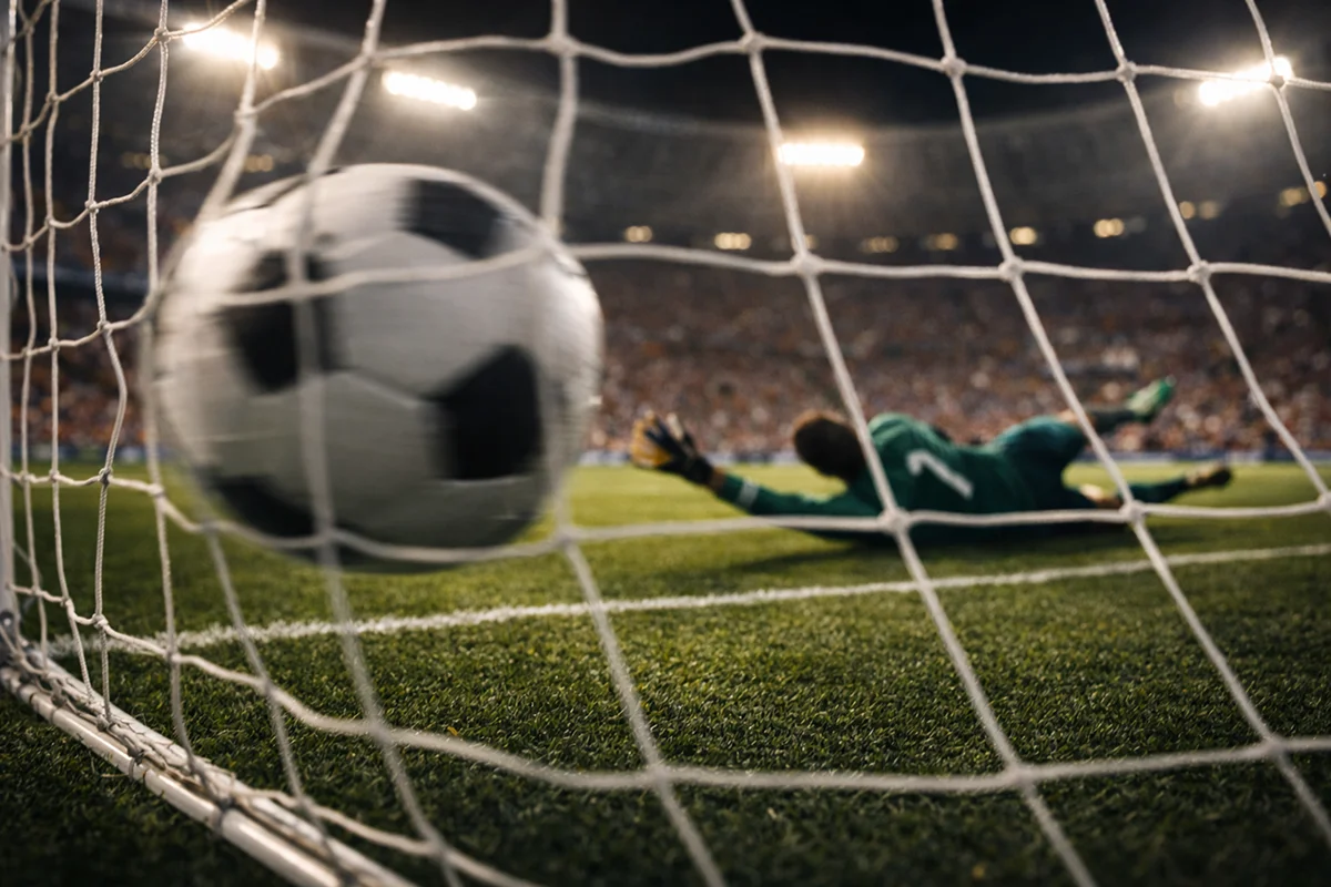 Dramatic moment of goal being scored with ball crossing goal line and goalkeeper diving