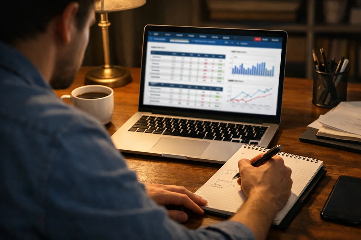 Person at desk with laptop and notepad engaged in sports analysis research