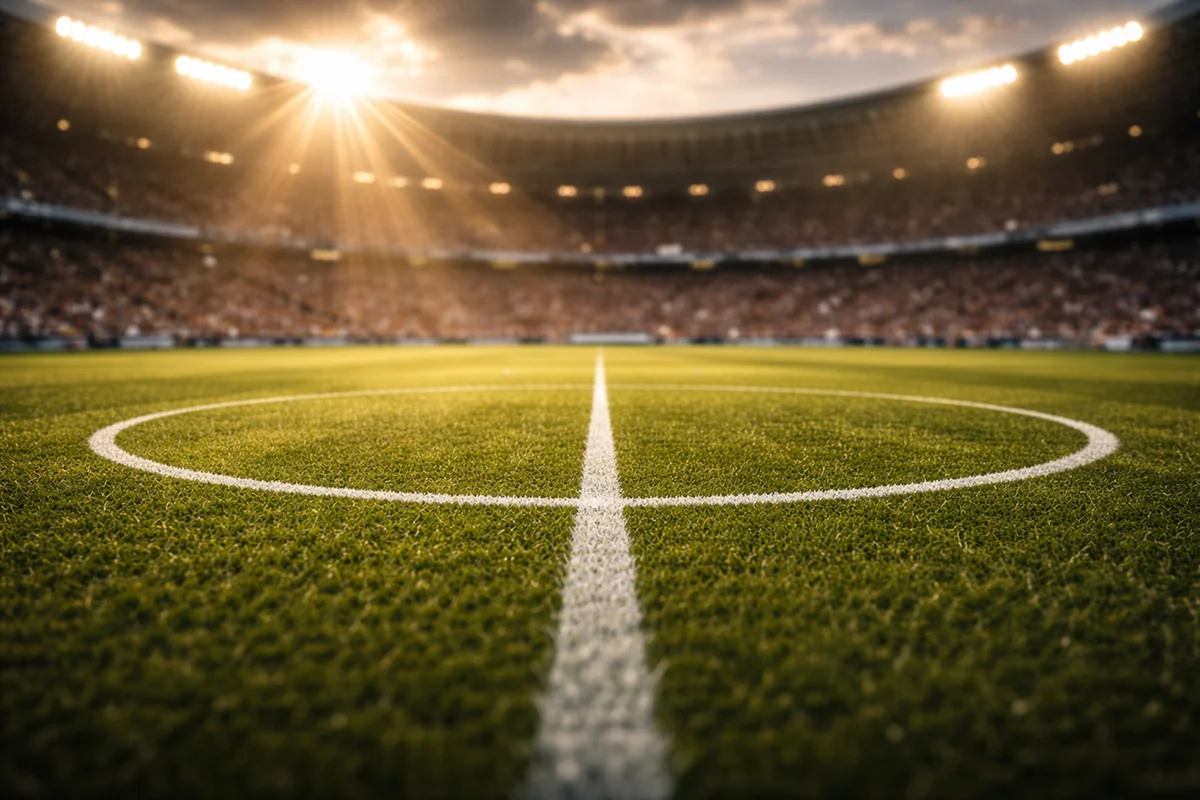 Professional football stadium at golden hour with lush green pitch and filled stands