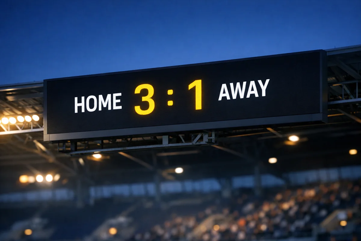 Modern stadium digital scoreboard displaying match score with evening sky background