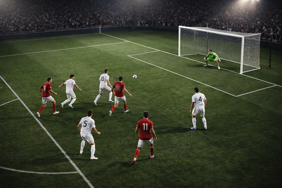 Overhead view of professional football match with players positioned for attack near penalty area