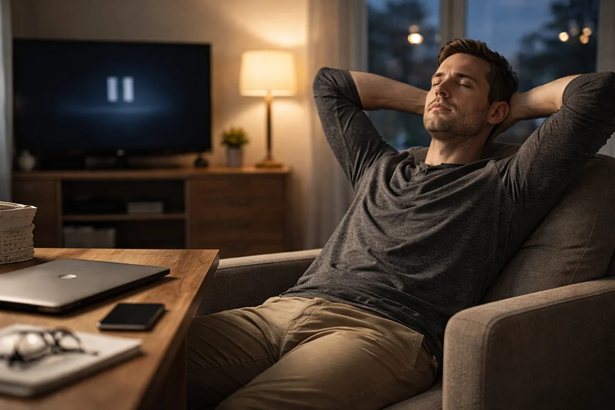 Person taking a deliberate break from screens with closed laptop and face-down smartphone nearby