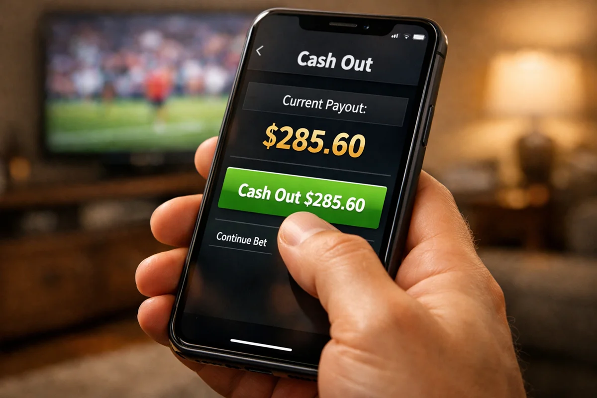 Smartphone screen showing cash out button on betting app with finger hovering near the decision