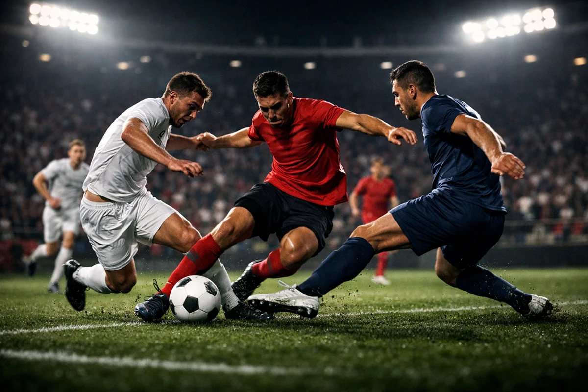 Intense football match moment under stadium floodlights with players competing for the ball