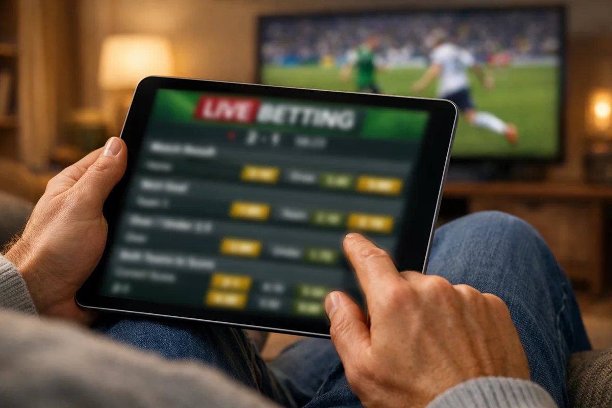 Hands holding tablet displaying live sports betting interface with multiple market options