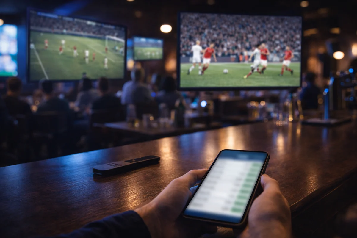Sports bar with multiple TV screens showing live football and smartphone displaying betting app with live odds