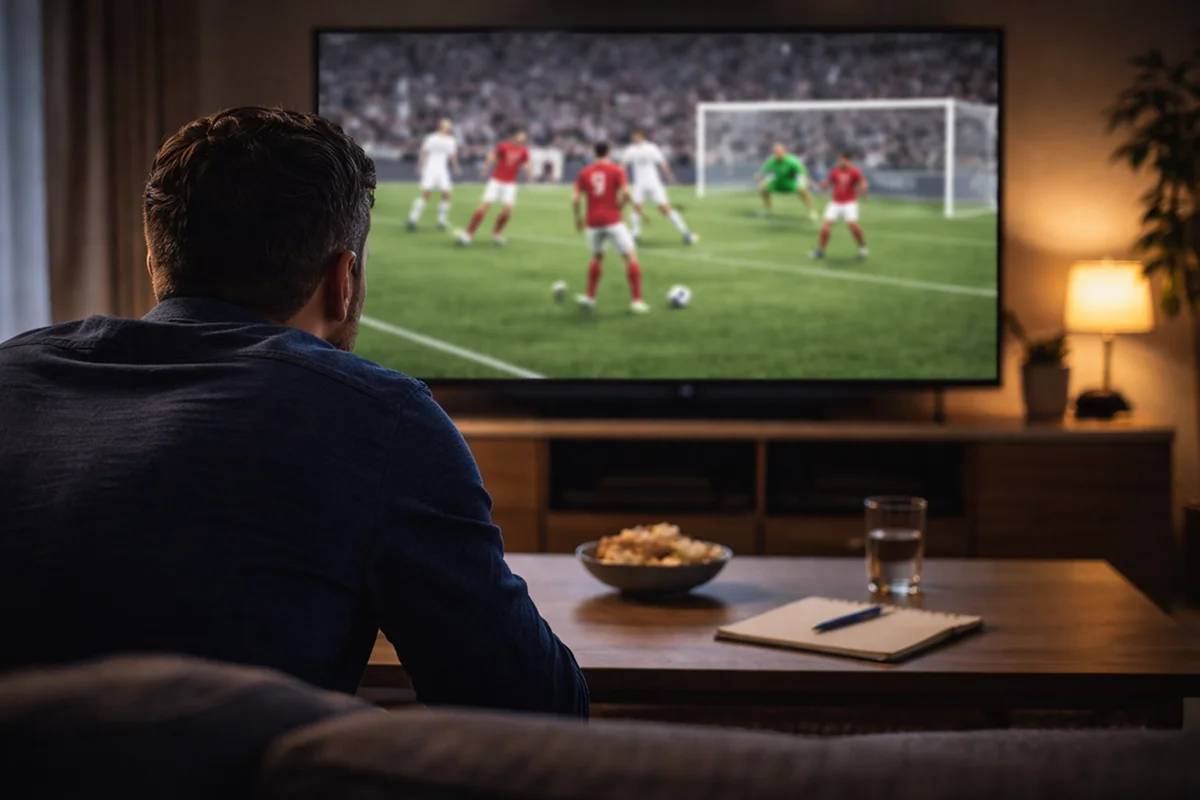 Person watching football match intently on TV with notepad nearby for analysis notes